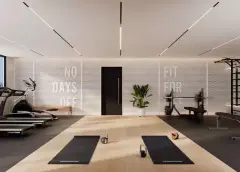 perspectiva ilustrativa academia fitness esteiras bicicleta spinning barras tapetes yoga parede branca formato retrato — Residencial Málaga em Campeche, Florianópolis