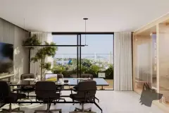 perspectiva ilustrativa coworking sala reunião mesa conferência cadeiras executivas TV plantas janela vista morro sala privativa vidro — Residencial Málaga em Campeche, Florianópolis