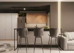 perspectiva ilustrativa cozinha americana ilha bancada mármore granito escuro banquetas cinza veludo geladeira inox armários madeira sala estar LED — Residencial Málaga em Campeche, Florianópolis