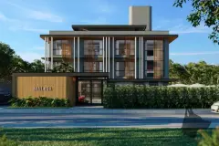 perspectiva ilustrativa fachada frontal edifício 4 andares contemporâneo ripas madeira pilares brancos placa MALAGA portaria vidro jardim sebe dia — Residencial Málaga em Campeche, Florianópolis