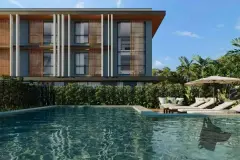 perspectiva ilustrativa piscina área lazer espreguiçadeiras sofá guarda-sol jardim fachada ripas madeira palmeiras tropicais dia — Residencial Málaga em Campeche, Florianópolis