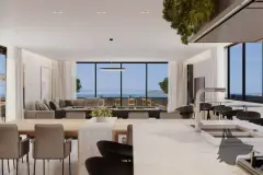 perspectiva ilustrativa apartamento sala jantar estar mesa cadeiras sofá cozinha ilha janela jardim vista mar ilhote dia — Residencial Málaga em Campeche, Florianópolis