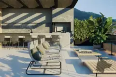 perspectiva ilustrativa rooftop gourmet bancada pedra banquetas ripas madeira sofás poltronas almofadas plantas bananeiras vista morro entardecer — Residencial Málaga em Campeche, Florianópolis