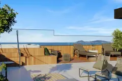 perspectiva ilustrativa rooftop solário espreguiçadeiras deck madeira guarda-corpo vidro vista mar oceano ilhote veleiros — Residencial Málaga em Campeche, Florianópolis