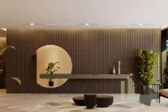 perspectiva ilustrativa hall lobby parede ripas madeira nicho circular planta vasos esculturas mesa café porcelanato — Residencial Málaga em Campeche, Florianópolis