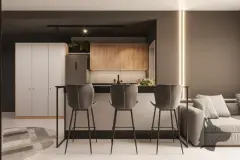 perspectiva ilustrativa cozinha americana ilha bancada mármore banquetas cinza veludo armários madeira geladeira inox sala sofá LED formato retrato — Residencial Málaga em Campeche, Florianópolis