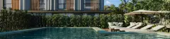 perspectiva ilustrativa piscina área lazer espreguiçadeiras sofá guarda-sol jardim fachada ripas madeira palmeiras ângulo lateral panorâmico — Residencial Málaga em Campeche, Florianópolis