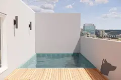 perspectiva ilustrativa piscina privativa jardim deck madeira parede branca luminária muro vista bairro cidade — Residencial Maria Francisca em Campeche, Florianópolis