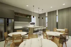 perspectiva ilustrativa salão gourmet coletivo cozinha bancada armários cinza madeira mesas redondas mármore cadeiras rattan pendentes pretos janela bairro — Residencial Maria Francisca em Campeche, Florianópolis