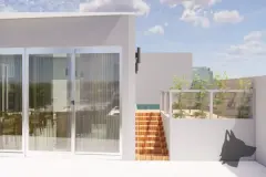 perspectiva ilustrativa terraço privativo deck madeira porta vidro piscina parede branca luminária muro vista bairro — Residencial Maria Francisca em Campeche, Florianópolis