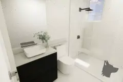 perspectiva ilustrativa banheiro box ducha preto revestimento cimento armário branco pia apoio toalhas plantas — Residencial Maria Francisca em Campeche, Florianópolis