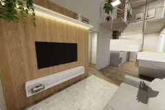 perspectiva ilustrativa sala estar parede TV madeira mezzanine sofá cinza escada cozinha americana — Residencial Maria Francisca em Campeche, Florianópolis