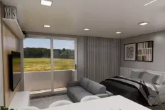perspectiva ilustrativa quarto suíte cama casal roupa preta parede cinza quadros preto branco janela varanda vista grama bairro — Residencial Maria Francisca em Campeche, Florianópolis