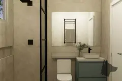 perspectiva ilustrativa banheiro gabinete bege travertino pia embutida espelho retangular chuveiro preto box lateral — Residencial Maria Francisca em Campeche, Florianópolis