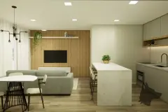 perspectiva ilustrativa lobby hall recepção parede ripas madeira nicho quadro decorativo vaso flores sofá mesa porcelanato — Residencial Maria Francisca em Campeche, Florianópolis