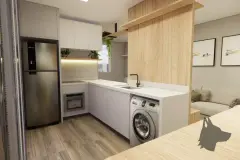 perspectiva ilustrativa sala estar sofá cinza mesa jantar cozinha ilha bancada banquetas parede ripas madeira janela — Residencial Maria Francisca em Campeche, Florianópolis
