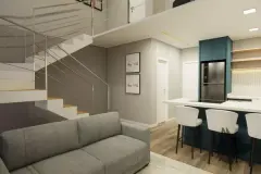 perspectiva ilustrativa sala estar duplex escada metálica guarda corpo sofá cinza cozinha americana armários azul petróleo geladeira inox banquetas brancas quadros — Residencial Maria Francisca em Campeche, Florianópolis