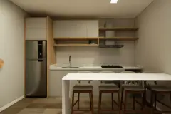 perspectiva ilustrativa cozinha americana geladeira inox armários madeira branco bancada branca ilha banquetas madeira porcelanato — Residencial Maria Francisca em Campeche, Florianópolis