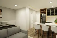 perspectiva ilustrativa studio sala estar sofá cinza cama casal banquetas brancas ilha bancada armários verde musgo geladeira inox — Residencial Maria Francisca em Campeche, Florianópolis