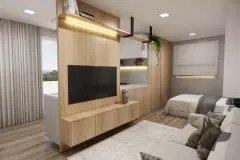 perspectiva ilustrativa sala estar TV parede madeira LED sofá tapete janela cortina quarto visível ao fundo — Residencial Maria Francisca em Campeche, Florianópolis