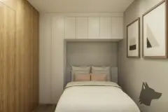 perspectiva ilustrativa quarto cama solteiro cabeceira parede cinza armário suspenso branco madeira prateleira nichos quadros geométricos — Residencial Maria Francisca em Campeche, Florianópolis