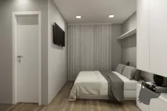 perspectiva ilustrativa quarto cama casal TV parede cortina janela sofá armário branco lateral — Residencial Maria Francisca em Campeche, Florianópolis