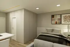 perspectiva ilustrativa studio cama casal sala estar sofá cinza armário parede branco TV parede madeira iluminação — Residencial Maria Francisca em Campeche, Florianópolis