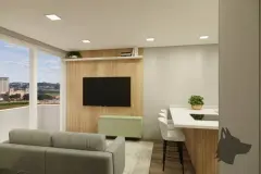 perspectiva ilustrativa sala estar sofá verde sálvia TV parede madeira bancada ilha cozinha banquetas janela vista bairro — Residencial Maria Francisca em Campeche, Florianópolis