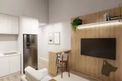 perspectiva ilustrativa sala estar TV parede madeira sofá cinza cozinha americana bancada azul petróleo lavanderia máquina lavar janela bairro — Residencial Maria Francisca em Campeche, Florianópolis