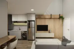 perspectiva ilustrativa sala estar TV parede madeira sofá verde sálvia cozinha americana bancada prateleira janela — Residencial Maria Francisca em Campeche, Florianópolis