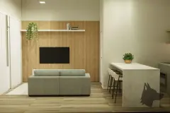 perspectiva ilustrativa sala estar TV parede madeira sofá cinza geladeira inox bancada janela vista bairro — Residencial Maria Francisca em Campeche, Florianópolis