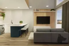perspectiva ilustrativa banheiro box ducha chuveiro cinza espelho oval gabinete verde menta pia apoio mármore — Residencial Maria Francisca em Campeche, Florianópolis