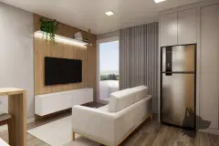 perspectiva ilustrativa salão gourmet mesas redondas mármore cadeiras rattan pendentes pretos cozinha bancada janela vista bairro — Residencial Maria Francisca em Campeche, Florianópolis