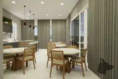 perspectiva ilustrativa salão gourmet cozinha bancada ilha madeira banquetas brancas geladeira inox janela vista morro bairro — Residencial Maria Francisca em Campeche, Florianópolis