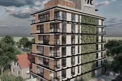 perspectiva ilustrativa piscina privativa cobertura espreguiçadeiras deck madeira parede branca luminária vista bairro — Residencial Maria Francisca em Campeche, Florianópolis
