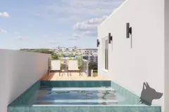 perspectiva ilustrativa fachada edifício 8 andares contemporâneo ripas madeira jardim vertical verde logo Pimentel Incorporadora formato retrato — Residencial Maria Francisca em Campeche, Florianópolis