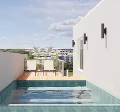 perspectiva ilustrativa piscina privativa cobertura espreguiçadeiras deck madeira parede branca luminária vista bairro árvores ângulo diferente — Residencial Maria Francisca em Campeche, Florianópolis