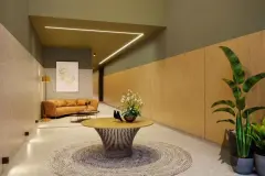 Hall de entrada com mesa redonda central, sofá laranja, plantas e forro com iluminação linear em triângulo — Rosa Branca em Canto, Florianópolis