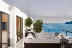 Varanda de cobertura com banheira de hidromassagem externa e vista panorâmica para o mar azul — Saint Humbert II em Ingleses, Florianópolis