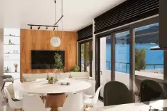 Sala de estar integrada com painel ripado de madeira, mesa de jantar redonda e acesso à varanda com vista para o mar — Saint Humbert II em Ingleses, Florianópolis