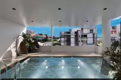Salão de festas com mesas de madeira, cadeiras de palha, TV, estante e balcão de mármore — Saint Humbert II em Ingleses, Florianópolis