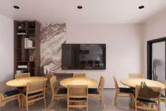 Salão de festas panorâmico com mesas redondas distribuídas e cozinha integrada com bancada — Saint Humbert II em Ingleses, Florianópolis