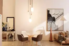 Sala de estar duplex vista de cima com mesa de jantar redonda, sofá bege e acesso à varanda — Saint Humbert II em Ingleses, Florianópolis