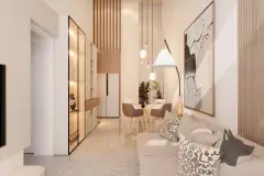 Sala de estar duplex com sofá bege, painel ripado, pé-direito alto e varanda ao fundo, ângulo alternativo — Saint Humbert II em Ingleses, Florianópolis