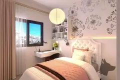 Quarto infantil feminino com cama branca capitonê, papel de parede floral, prateleiras e guarda-roupa — Saint Humbert II em Ingleses, Florianópolis