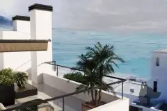 Varanda com vista privilegiada para a praia de areia branca e mar azul com morro ao fundo — Saint Humbert II em Ingleses, Florianópolis