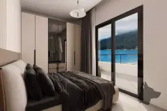 Suíte com cama de casal escura, porta-janela com acesso à varanda e vista para o mar — Saint Humbert II em Ingleses, Florianópolis