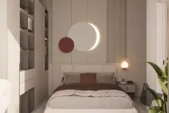 Suíte com cabeceira iluminada em meia-lua, espelho circular e prateleiras embutidas na parede — Saint Humbert II em Ingleses, Florianópolis