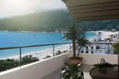 Suíte com toucador e espelho redondo iluminado e acesso ao banheiro ao fundo — Saint Humbert II em Ingleses, Florianópolis