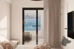 Janela ampla de quarto com vista para a praia e morro verde — Saint Humbert II em Ingleses, Florianópolis